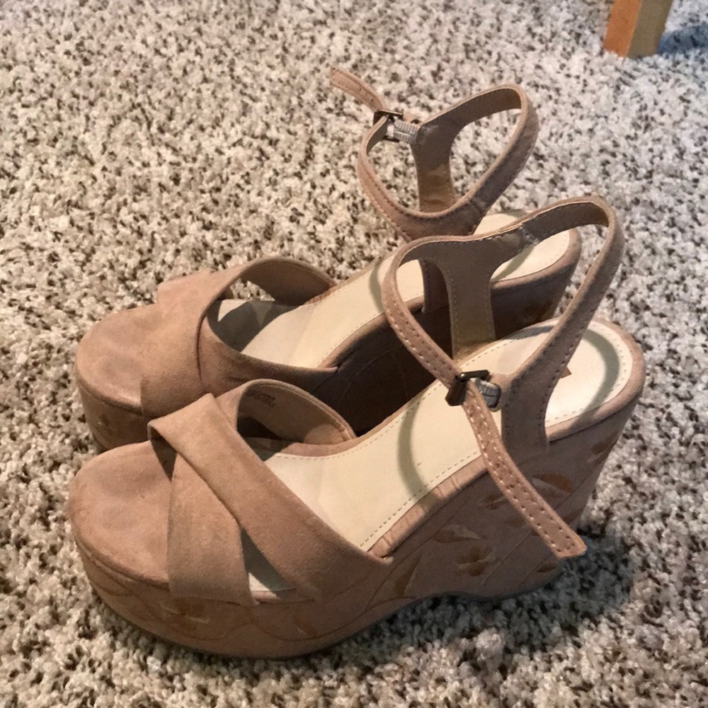 Tan wedges with skinny straps